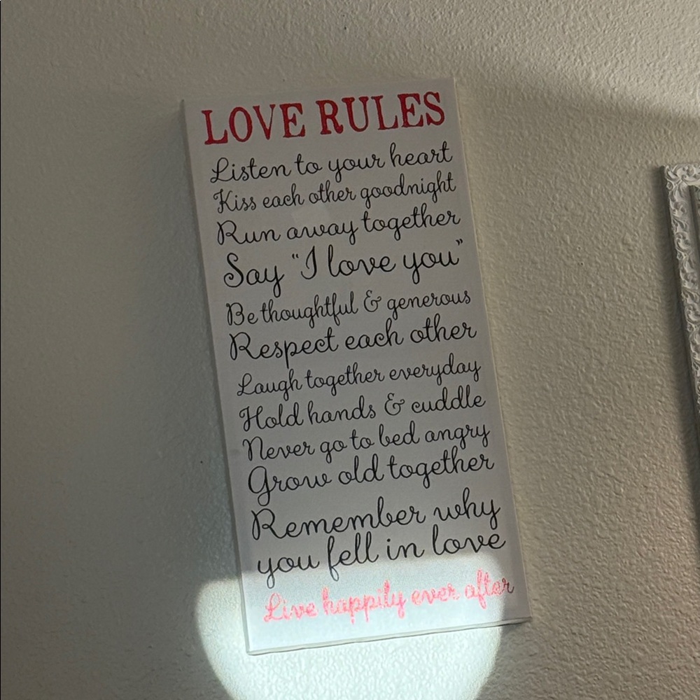Love Rules Wall Art with Red and Black Text
